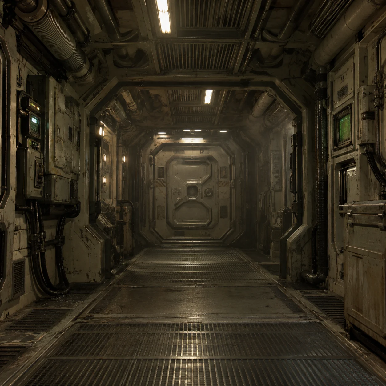An empty industrial spacecraft corridor with ribbed walls, illuminated ceiling panels and a sealed pressure door.
